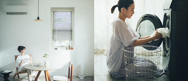 Side-by-side photos: Someone relaxing near an A/C unit in a bright room, and a woman taking freshly cleaned laundry out of a front-loading washing machine.