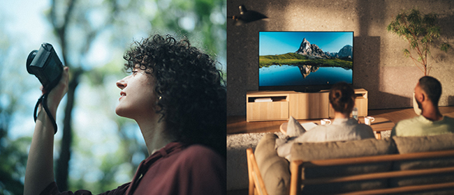 Side-by-side photos: a young person enjoying taking photographs in the woods, and a couple watching a beautiful nature scene on a large-screen tv in a cozy modern living room.