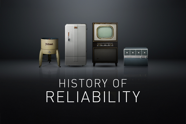 Link Banner: History of Reliability. Image of the first Panasonic washing machine, refrigerator, television, air conditioner.
