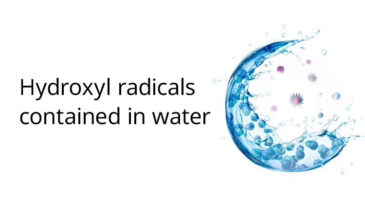 Link Banner: Hydroxyl radicals contained in water. CG illustration depicting hydroxyl radicals in water interacting with viruses and bacteria.