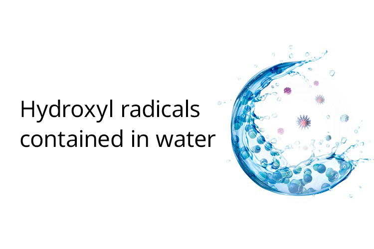 Link Banner: Hydroxyl radicals contained in water. CG illustration depicting hydroxyl radicals in water interacting with viruses and bacteria.