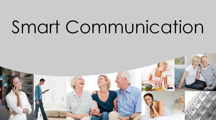 Link Banner: Smart Communication. Photo collage of people communicating and using telephones.