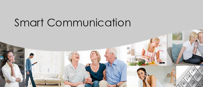 Link Banner: Smart Communication. Photo collage of people communicating and using telephones.