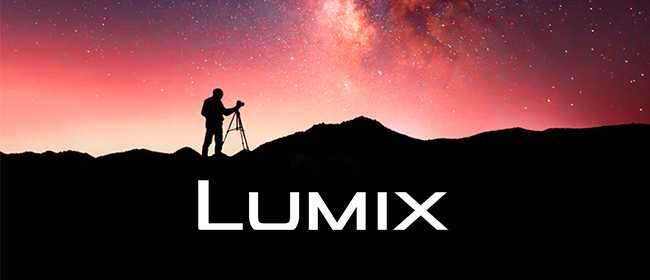 Link Banner: Lumix. Photo of a photographer on a rocky ridge silhouetted against a vibrant night sky.