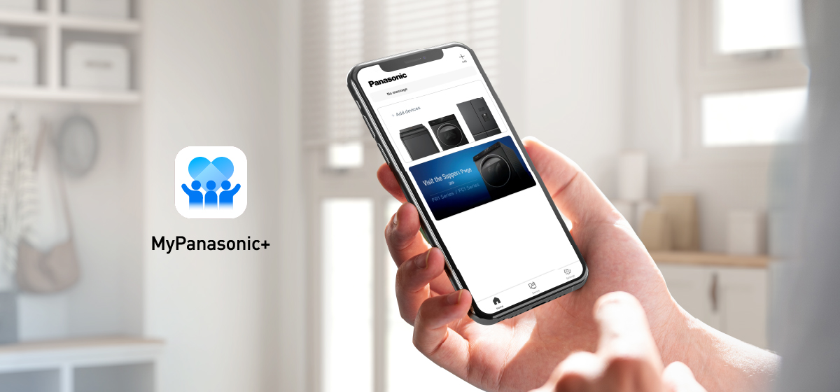 Link banner: Image: a woman looks at her smartphone & Panasonic washing machine at home