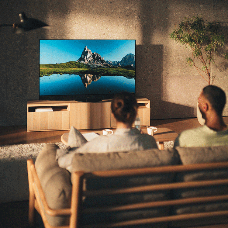 Side-by-side photos: a young person enjoying taking photographs in the woods, and a couple watching a beautiful nature scene on a large-screen tv in a cozy modern living room.
