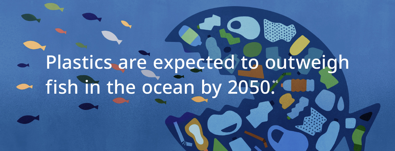 Section Banner: Plastics are expected to outweigh fish in the ocean by 2050 (footnote 6). Illustration of small fish being chased by a giant, fish-shaped monster made of various types of plastic trash.
