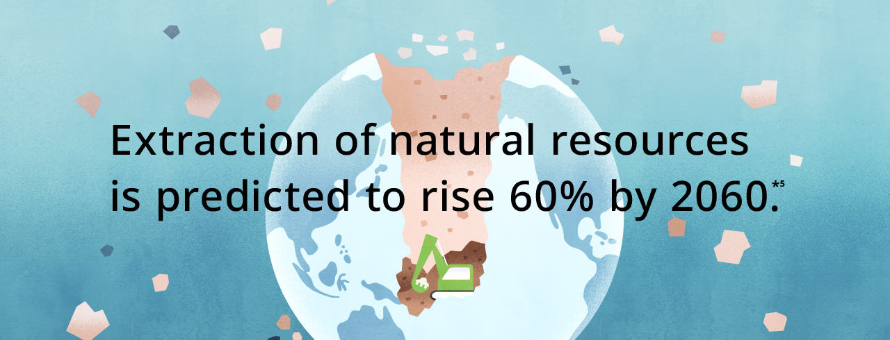 Section Banner: Extraction of natural resources is predicted to rise 60% by 2060 (footnote 5). Illustration of a heavy construction excavator digging down through the Earth with debris floating in space.