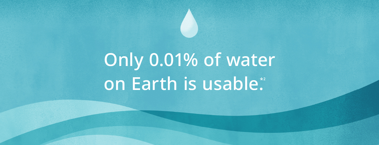 Section Banner: Only 0.01% of water on Earth is usable (footnote 2). Illustration of a single drop of water above ocean waves.