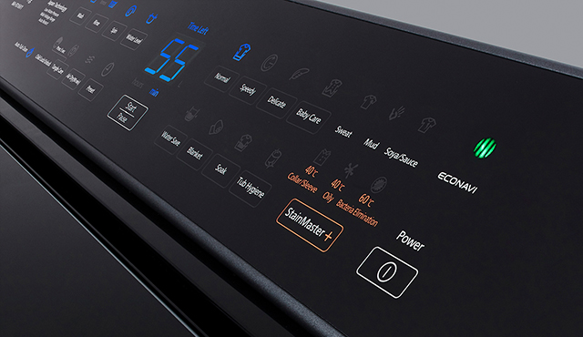 Close-up photo of washing machine control panel with green ECONAVI indicator light.