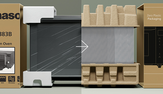Side-by-side comparison of microwave packaging. The before image packaging is mostly plastic and polystyrene foam; the after image materials are more paper-based.