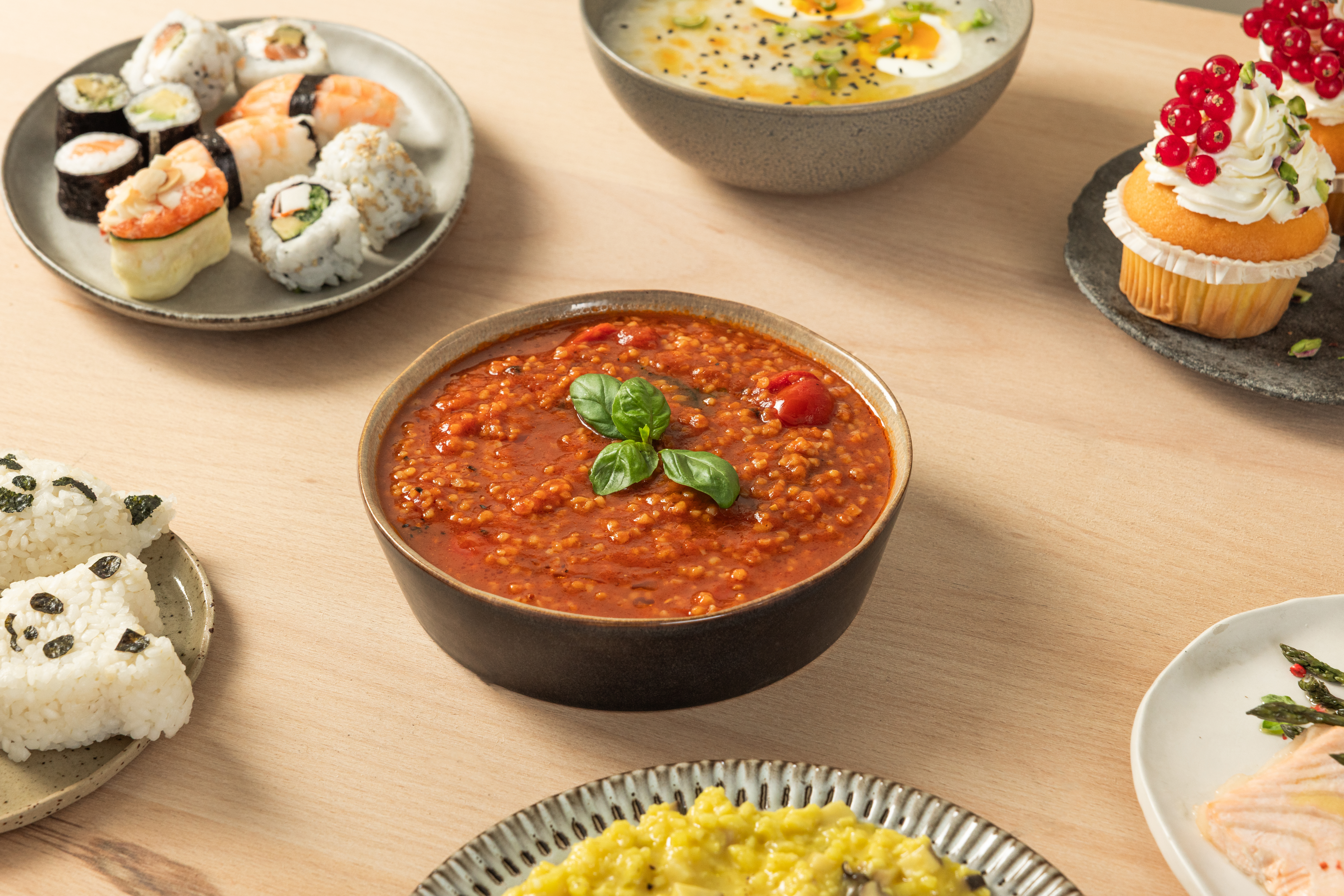 Tomato, basil, and lemon bulgur soup surrounded by various other dishes.