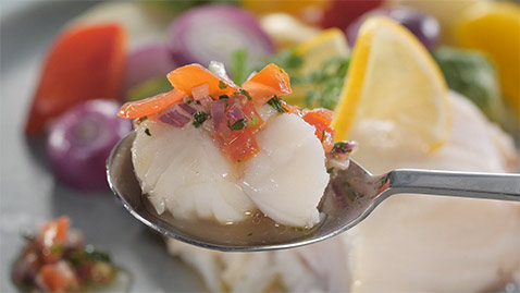 Steamed Cod and Vegetables with Fresh Veggie Sauce