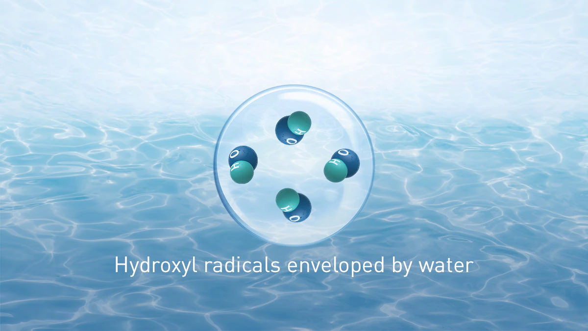 Hydroxyl radicals enveloped by water