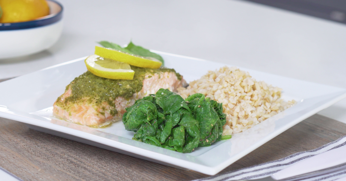 Basil Pesto Salmon with Spinach