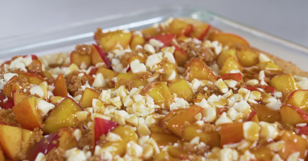 Peach and White Chocolate Dessert Pizza