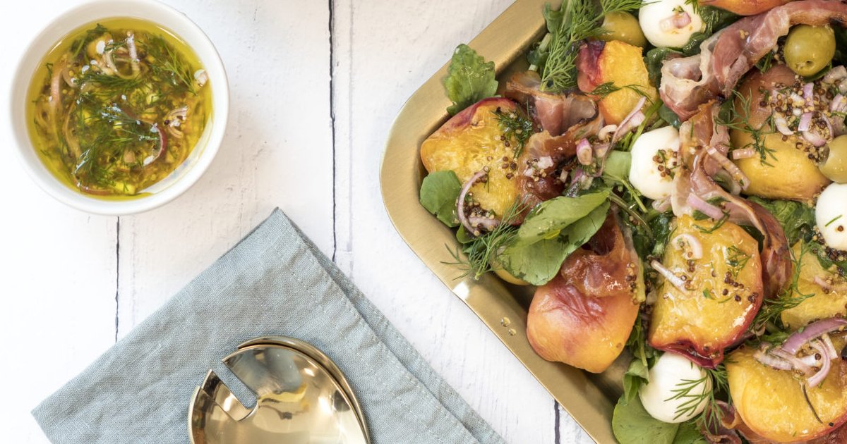 Peach, Crispy Pancetta, and Mozzarella Salad