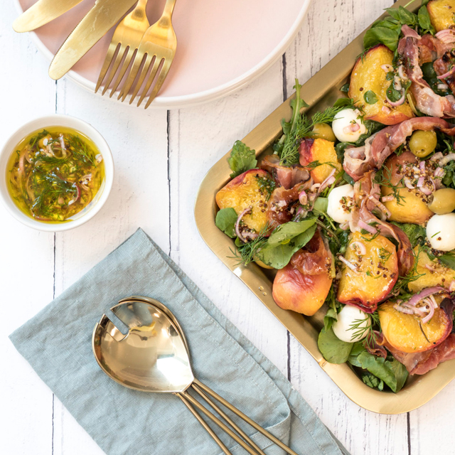 Peach, Crispy Pancetta, and Mozzarella Salad