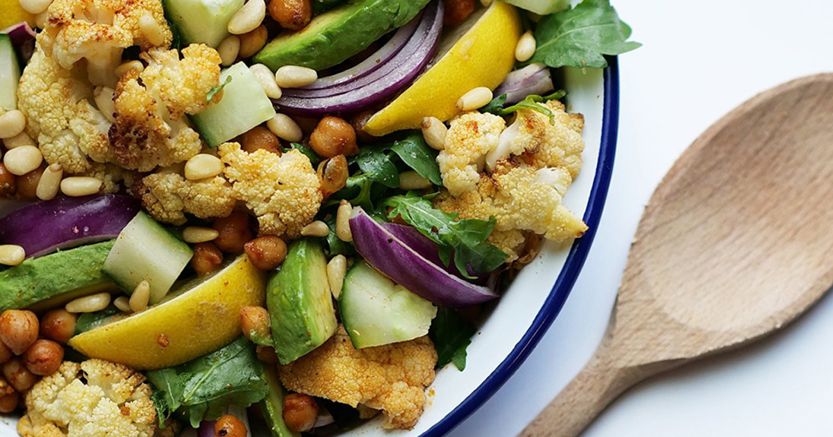 Roasted Cauliflower, Chickpea and Spinach Salad