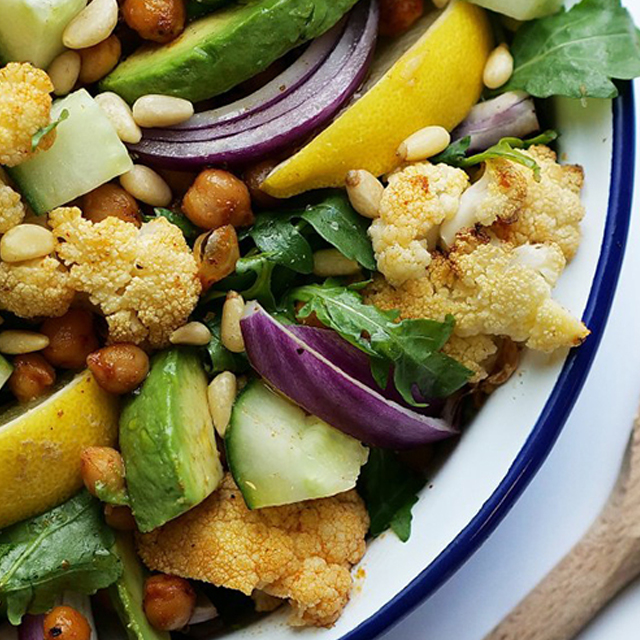 Roasted Cauliflower, Chickpea and Spinach Salad