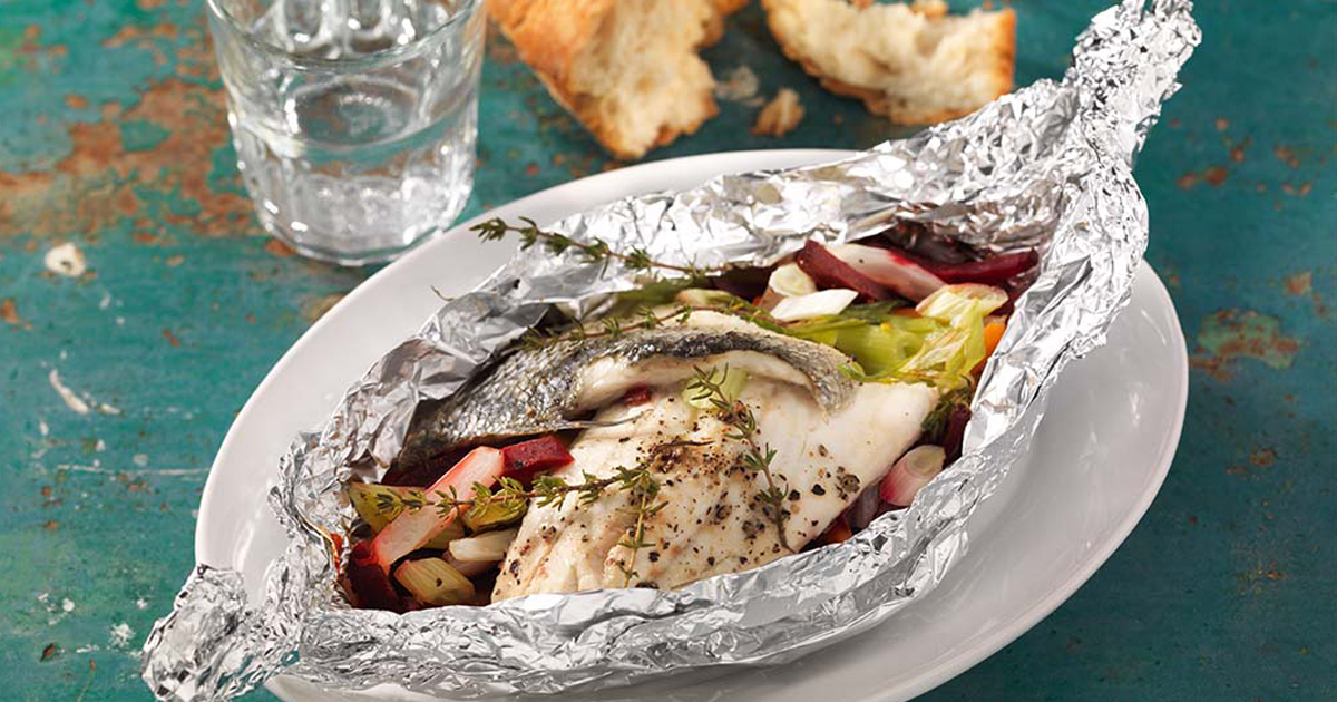 Sea Bass with Vegetables and Sweet Potatoes from the Foil