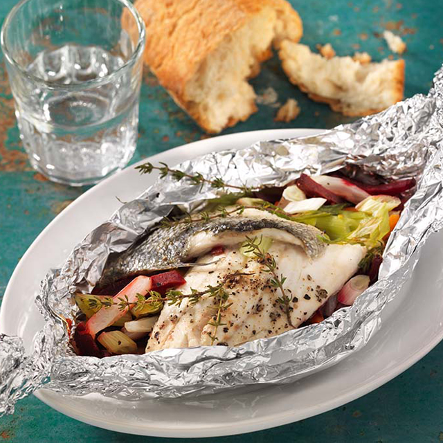 Sea Bass with Vegetables and Sweet Potatoes from the Foil