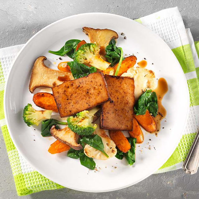 Smoked Tofu with Herb Sides, Baby Spinach and Turnip