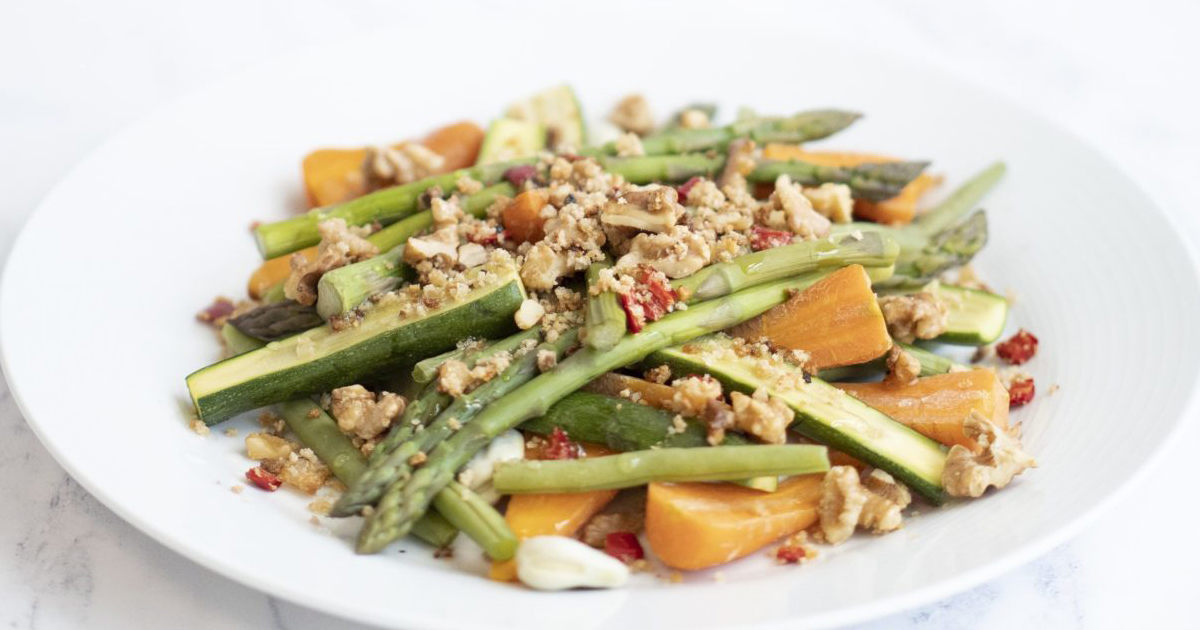 Spring Vegetables with Crunchy Walnut Crumble