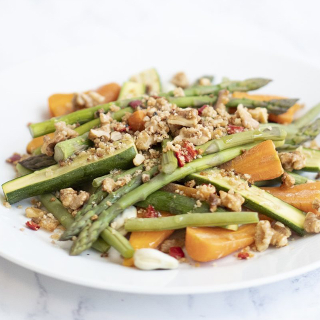 Spring Vegetables with Crunchy Walnut Crumble
