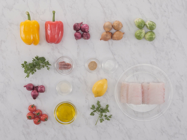 Steamed Cod and Vegetables with Fresh Veggie Sauce ingredients image