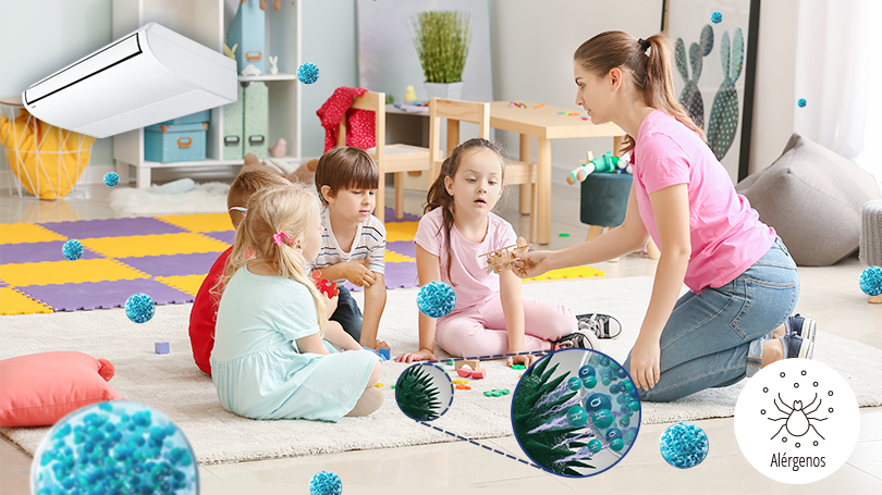 Una imagen en la que se muestra que el efecto de nanoe™ X inhibe los alérgenos alrededor de unos niños y de unas mujeres que juegan en un recinto como, por ejemplo, una guardería