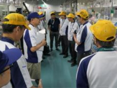 Photo of Safety Working Group members conducting a comprehensive equipment inspection to ensure proper chemical substance management at Panasonic facilities.