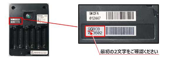 写真：製造番号記載位置　上下2種類の番号が記載されていますが、下側に記載された番号を確認してください。