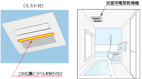 製品写真：天井埋め込みタイプのラベル貼り付け例と機器設置位置