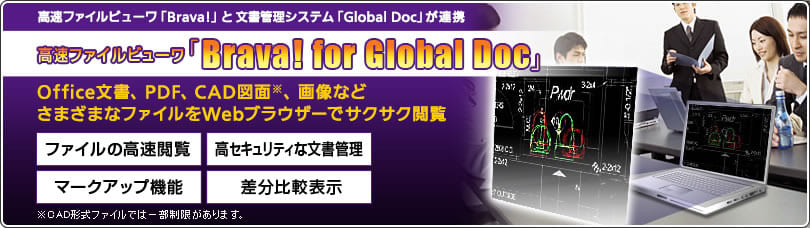 オフィス文書、PDF、CAD図面、画像などさまざまなファイルをWebブラウザー上でサクサク閲覧。 高速ファイルビューワ「Brava! for Global Doc」