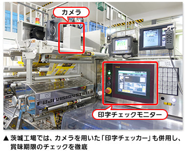 茨城工場では、カメラを用いた「印字チェッカー」も併用し、賞味期限のチェックを徹底