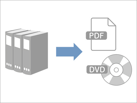 イラスト：完成図書は、電子データ化 ファイル・フォルダ→PDF DVD