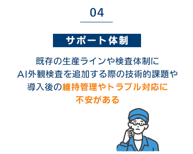 （4）サポート体制：既存の生産ラインや検査体制にAI外観検査を追加する際の技術的課題や導入後の維持管理やトラブル対応に不安がある