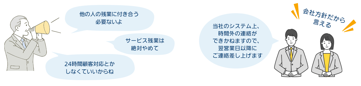 会社の方針：「他の人の残業に付き合う必要ないよ」「サービス残業は絶対やめて」「24時間顧客対応とかしなくていいからね」　従業員：「当社のシステム上、時間外の連絡ができかねますので、翌営業日以降にご連絡差し上げます」