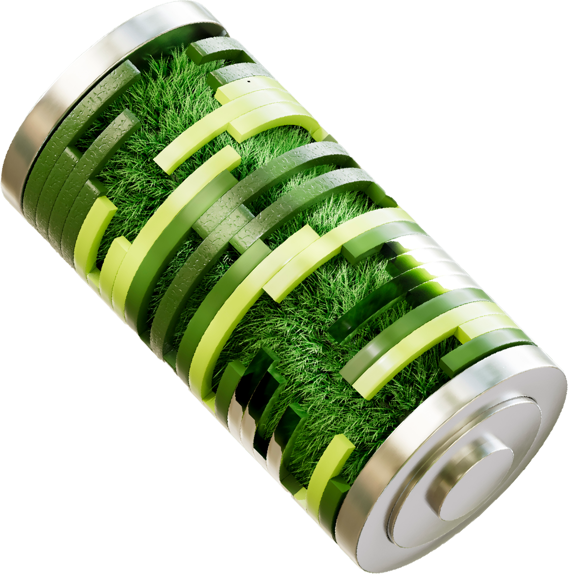 画像：環境配慮をイメージした、内部に緑の植物や草をあしらった電池の3D画像。