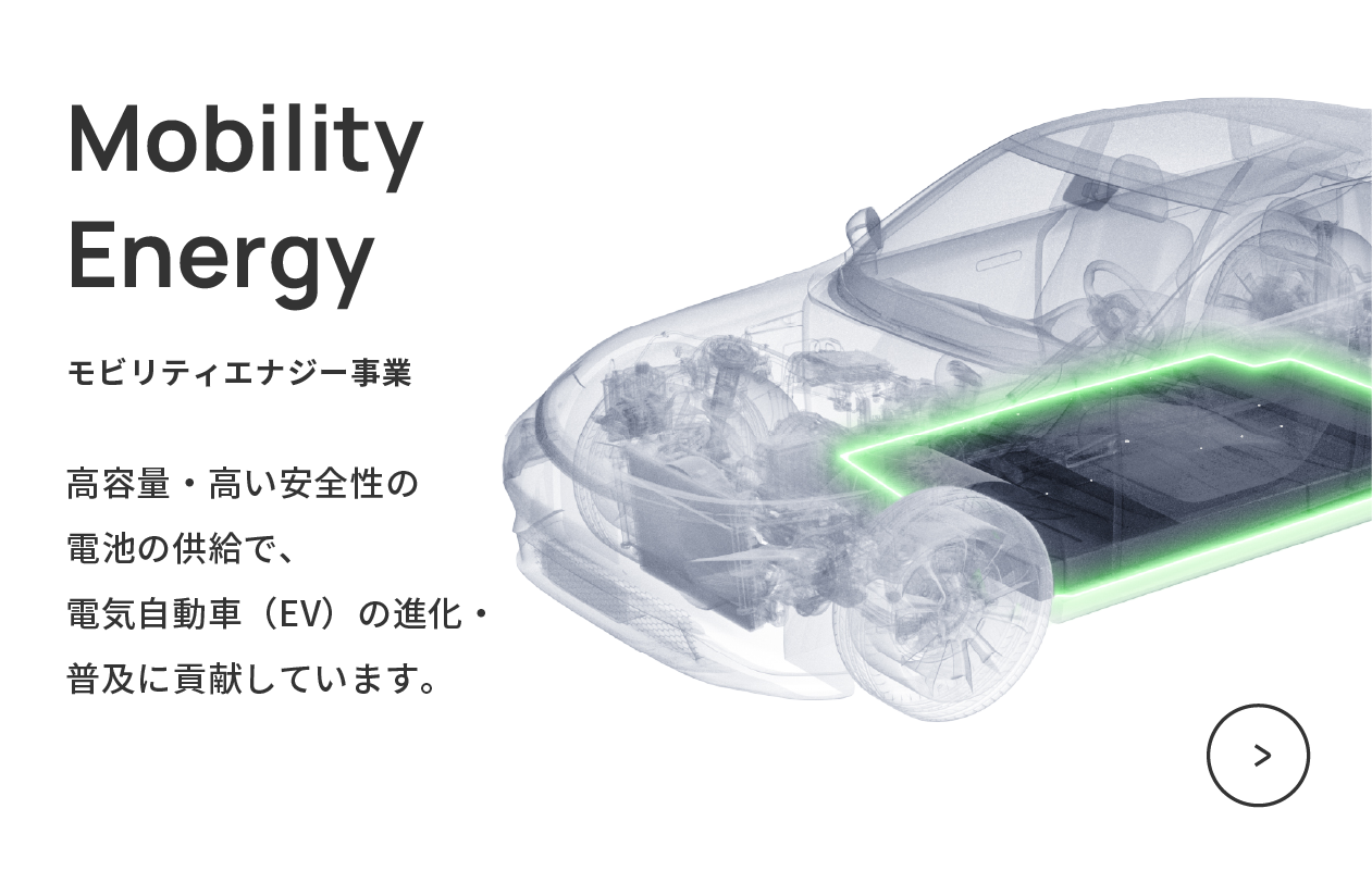 モビリティエナジー事業　高容量・高い安全性の電池の供給で、電気自動車（EV）の進化・普及に貢献しています。