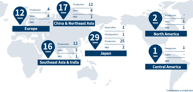 Panasonic Industry Co., Ltd. Map. Japan 29 bases, China & Northeast Asia 17 bases, Southeast Asia & india 16 bases, Europe 12 bases, North America 2 bases, Central America 1 base