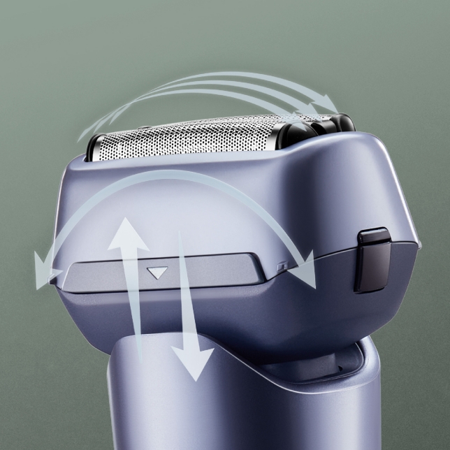 Gros plan de la tête du rasoir avec des flèches indiquant les mouvements vers le haut, le bas et les côtés pour montrer la flexibilité