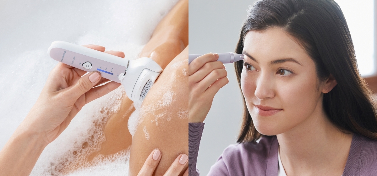 Femme utilisant l'épilateur pour le corps et les sourcils