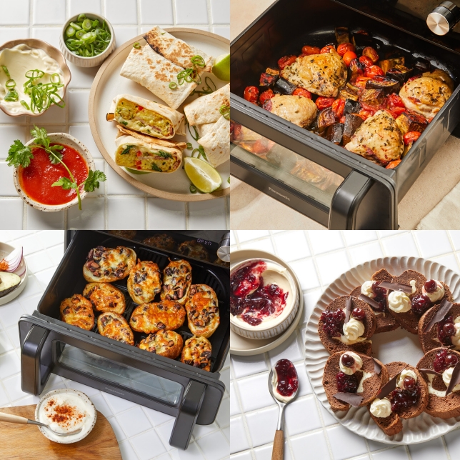 Een collage van vier gerechten die zijn gemaakt met de Panasonic Flex Air Fryer NF-BC1000: wraps geserveerd met sauzen en limoen, geroosterde kip met groenten, gebakken gevulde champignons en chocoladedesserts met slagroom en kersen.