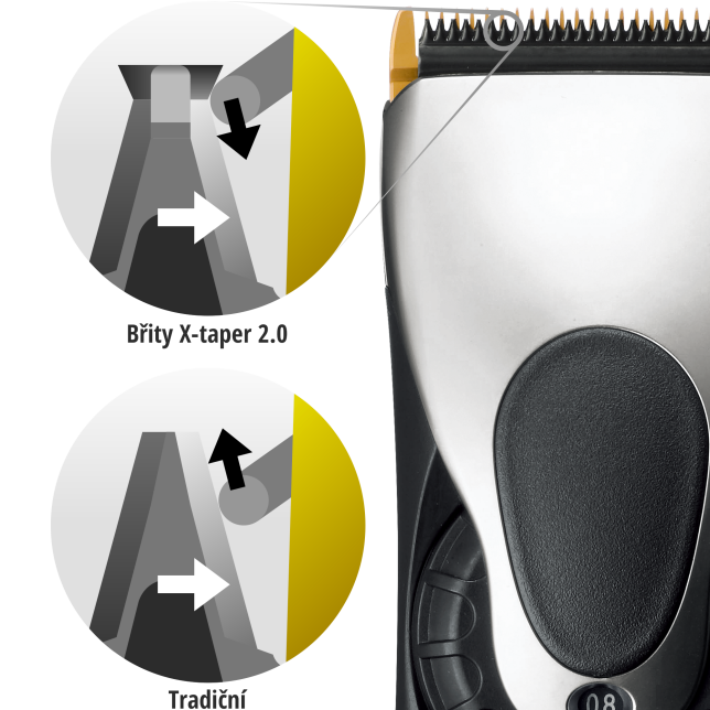 Břity X-taper 2.0 zachytí vlasy a zabrání jejich vyklouznutí