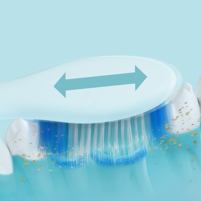 Čištění v horizontálním směru podél dásní efektivně odstraňuje zubní plak