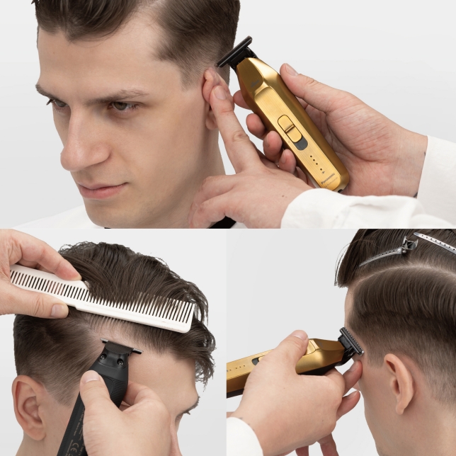 Perfilado de diferentes zonas alrededor de las orejas, la frente y las patillas con la recortadora en forma de T ER-XT70