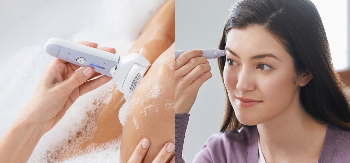 Donna che utilizza l'epilatore per il corpo e le sopracciglia