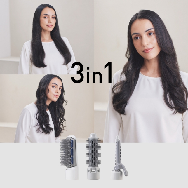 A woman demonstrating four different hairstyles achieved using a 3-in-1 hair styler, with its three interchangeable attachments displayed below.